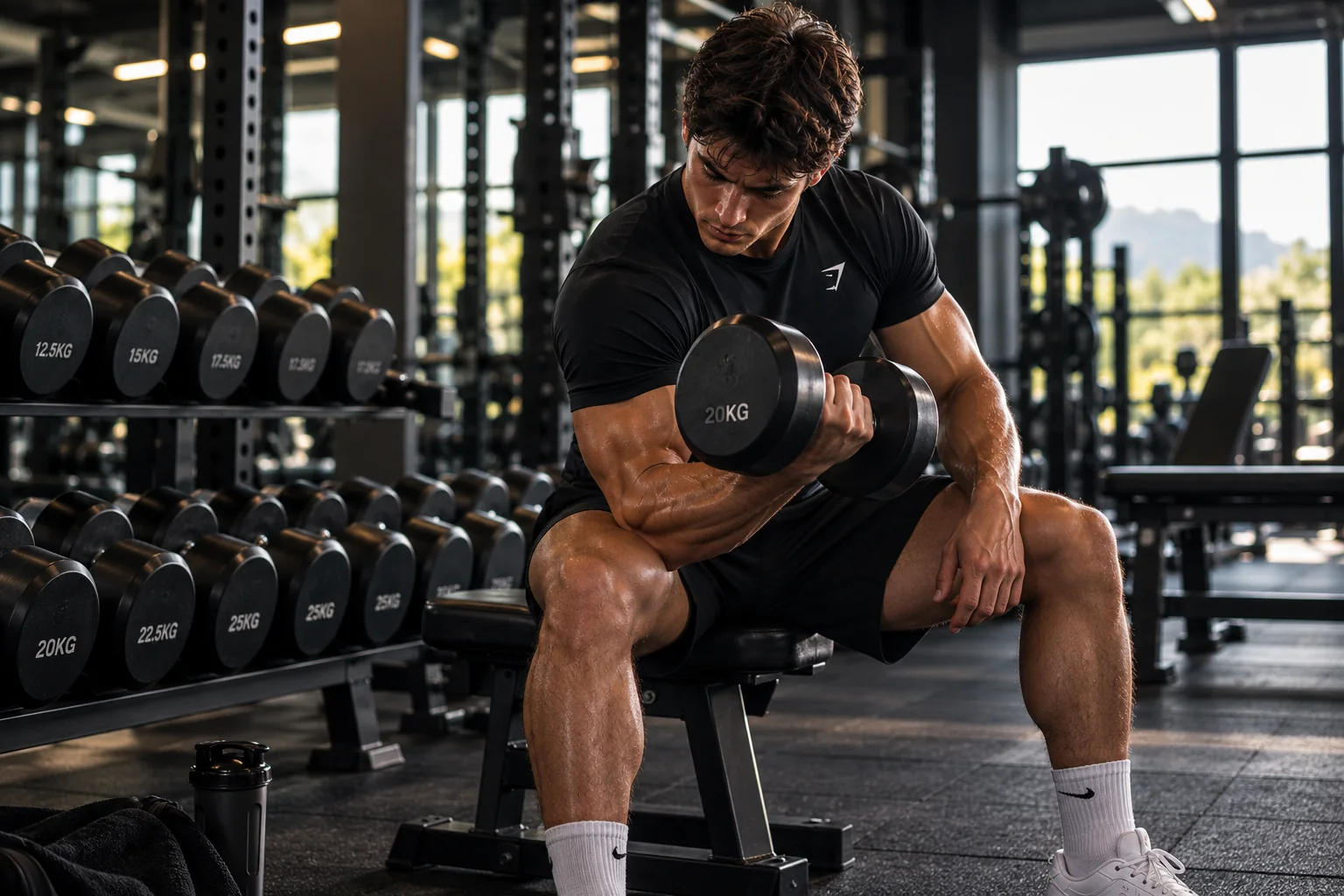 Atleta entrenando fuerza en un gimnasio con luz natural